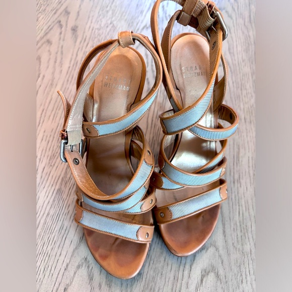 Stuart Weitzman Tan & Silver Mesh Ankle Strap Strappy 4.5” Heel Size 7.5 - Picture 6 of 10